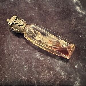 Vintage La Castillere perfume bottle, etched floral design, original cover